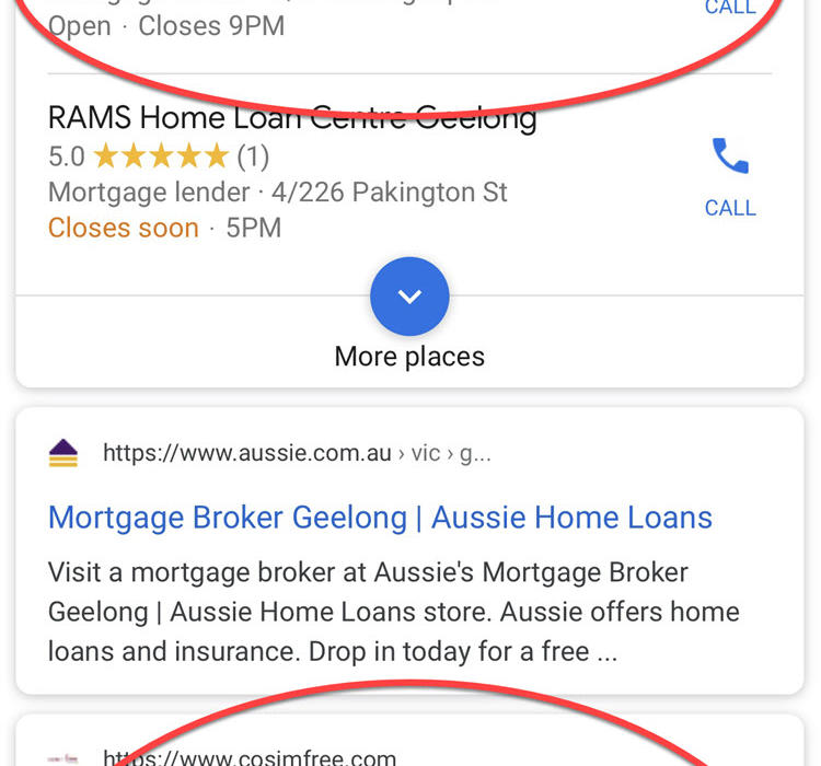 Google results on a mobile Cosimfree home loans